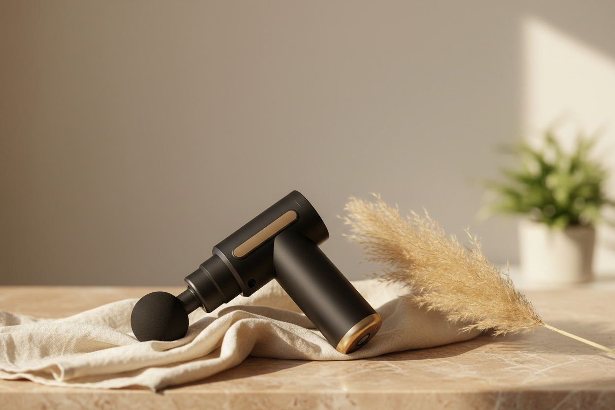Majelica Percussion Device on marble bathroom counter lifestyle shot