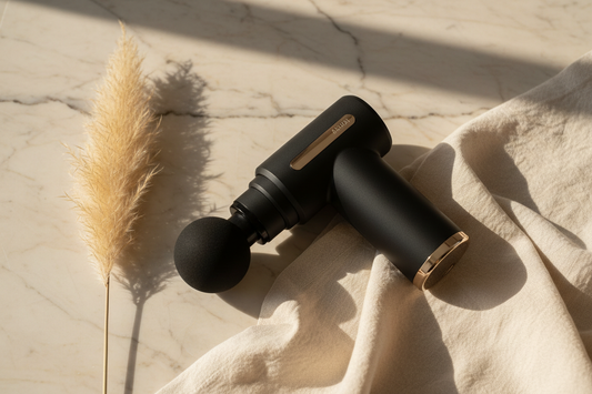 Majelica Deep Muscle Massager hero shot on marble with ivory linen and pampas grass